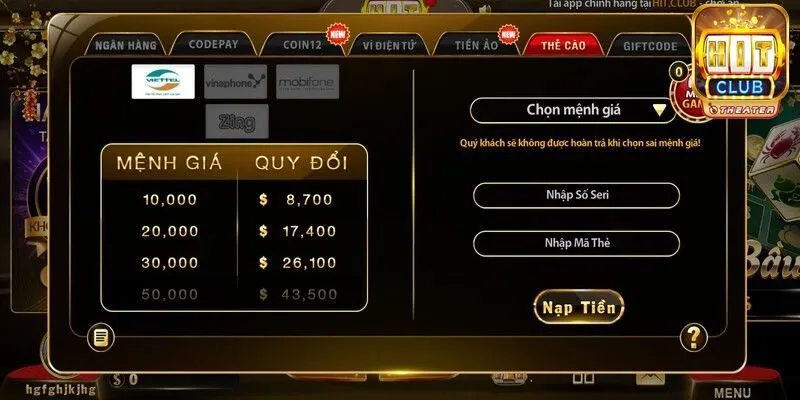 Cách nạp tiền Hitclub qua thẻ cào